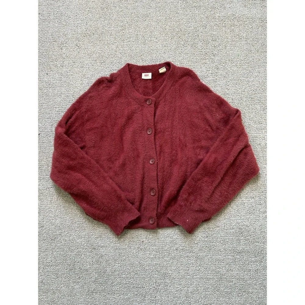 NWT Levi's COIT BOXY CARDIGAN in Poppy Red Relaxed Fit Womens L Fuzzy Wool Blend